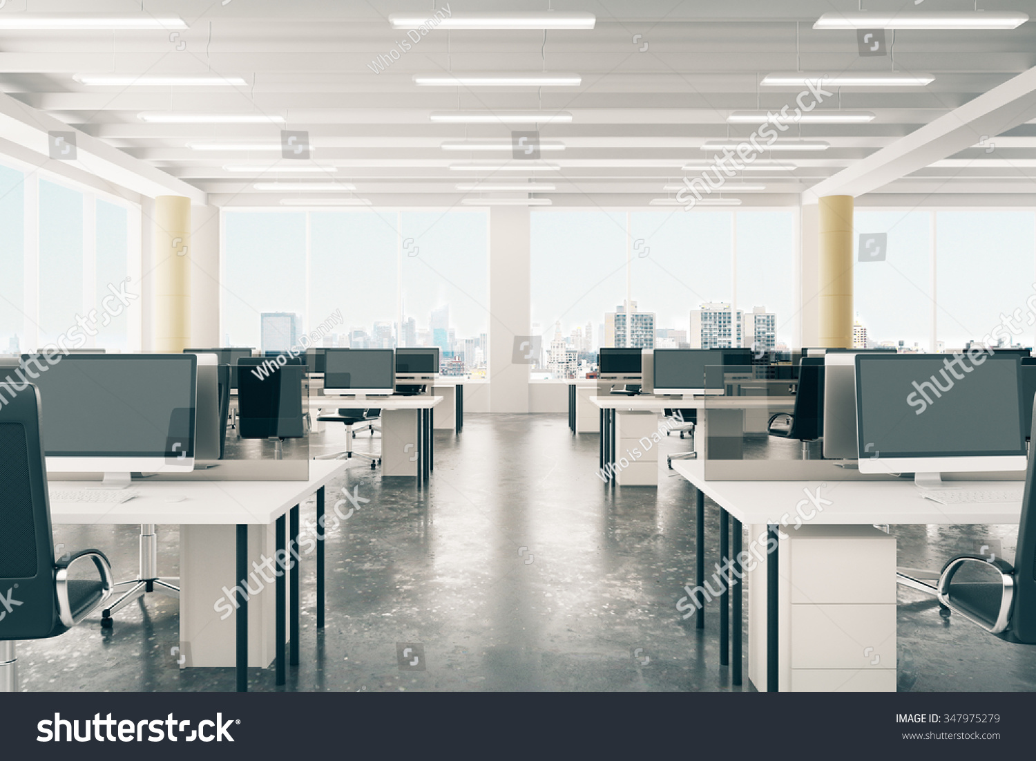 Open space office in loft style hangar with windows in floor and city view 3D Render #347975279
