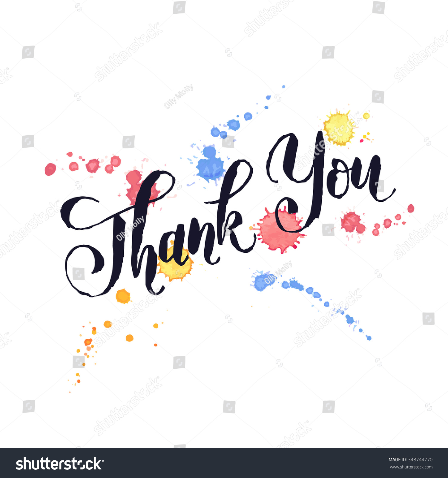 Thank you lettering with watercolor splashes on background. Modern black ink typography. Thank you colorful postcard calligraphy design.  #348744770