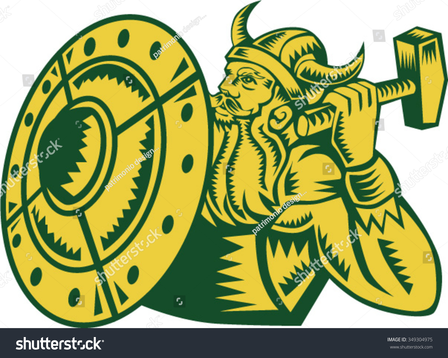 Illustration of a norseman viking warrior raider barbarian wearing horned helmet with beard holding hammer and shield viewed from side set on isolated white background done in retro woodcut style.  #349304975