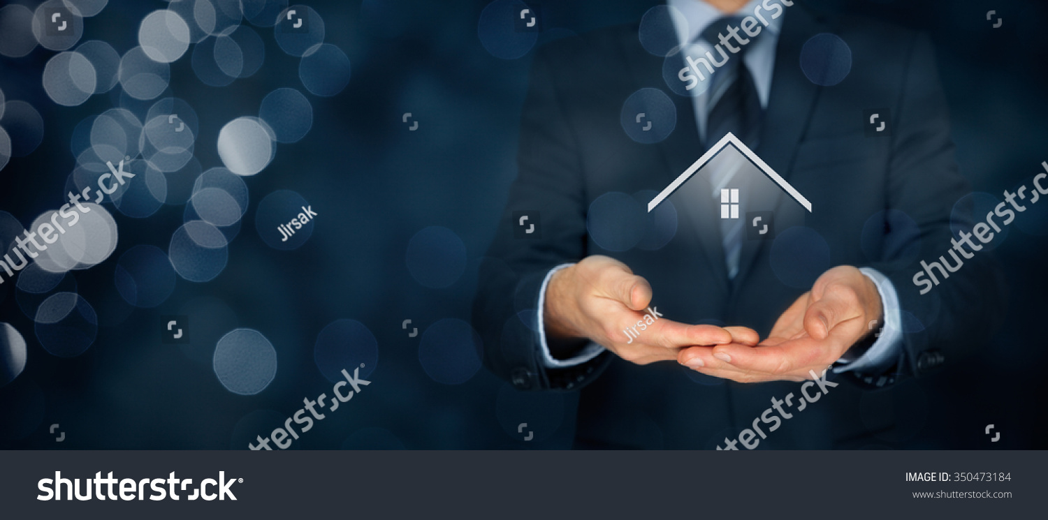 Real estate agent offer house. Property insurance and security concept. Wide banner composition with bokeh background.
 #350473184