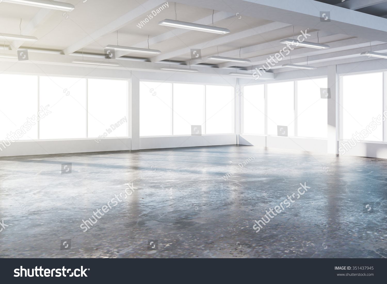Sunny spacious hangar area with concrete floor and windows in floor 3D Render #351437945