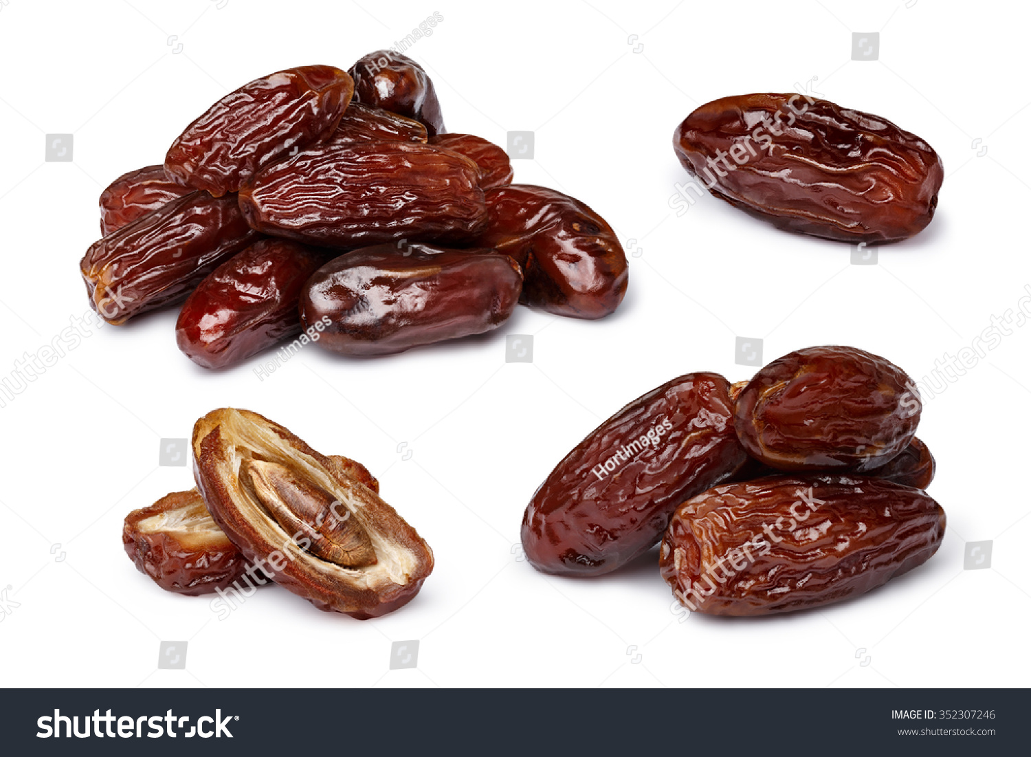 Dried dates (fruits of date palm Phoenix dactylifera).  Clipping paths for both objects and shadows. Infinite depth of field, retouched. Set, bundle,collection #352307246