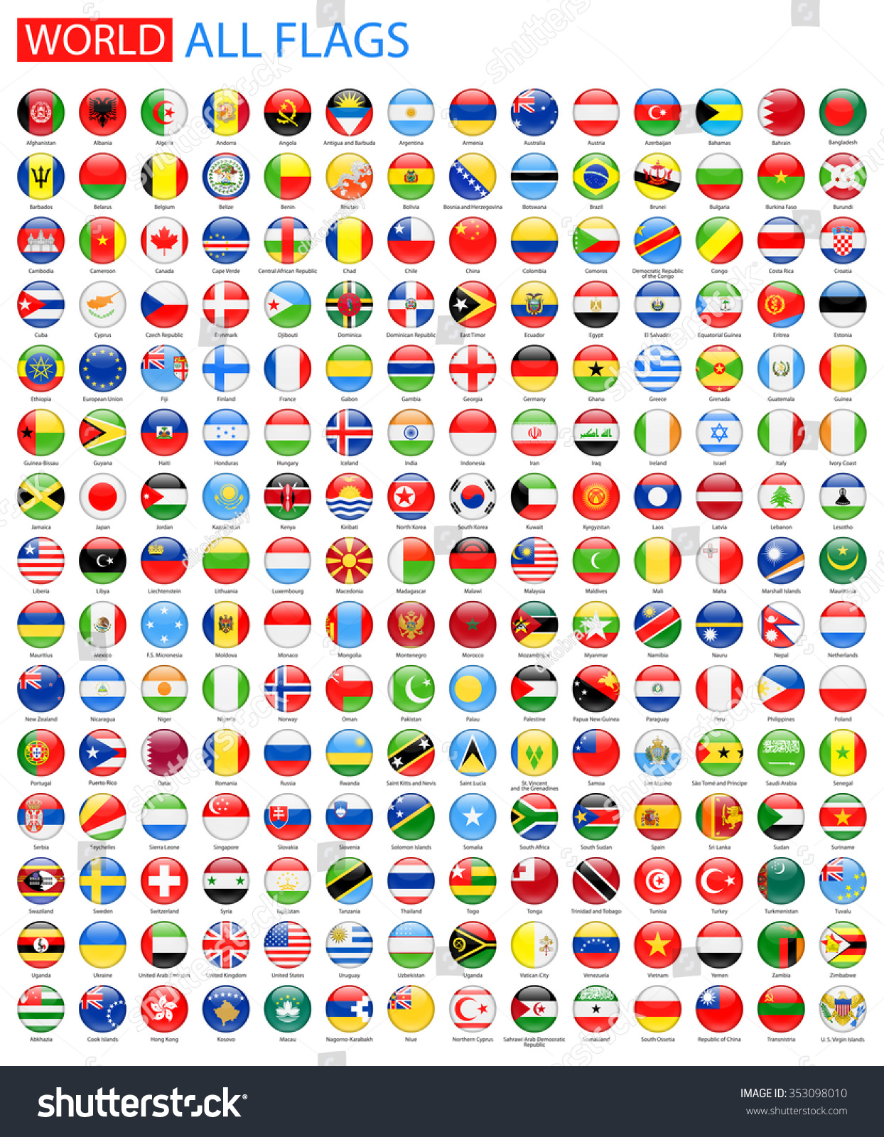 Round Glossy All World Vector Flags - Vector Collection #353098010