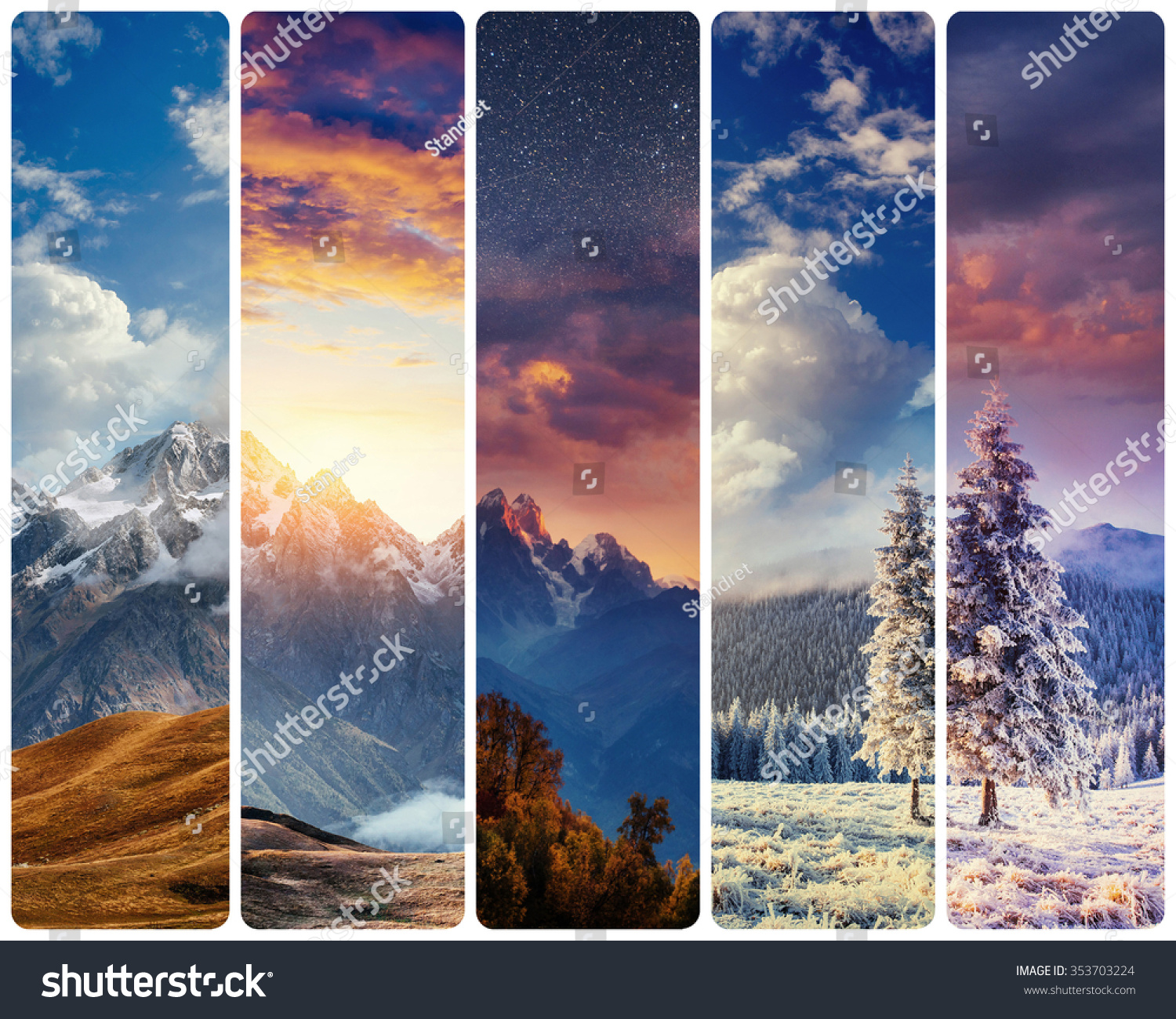 Creative collage majestic mountains in different seasons. Instagram tonic effect. #353703224