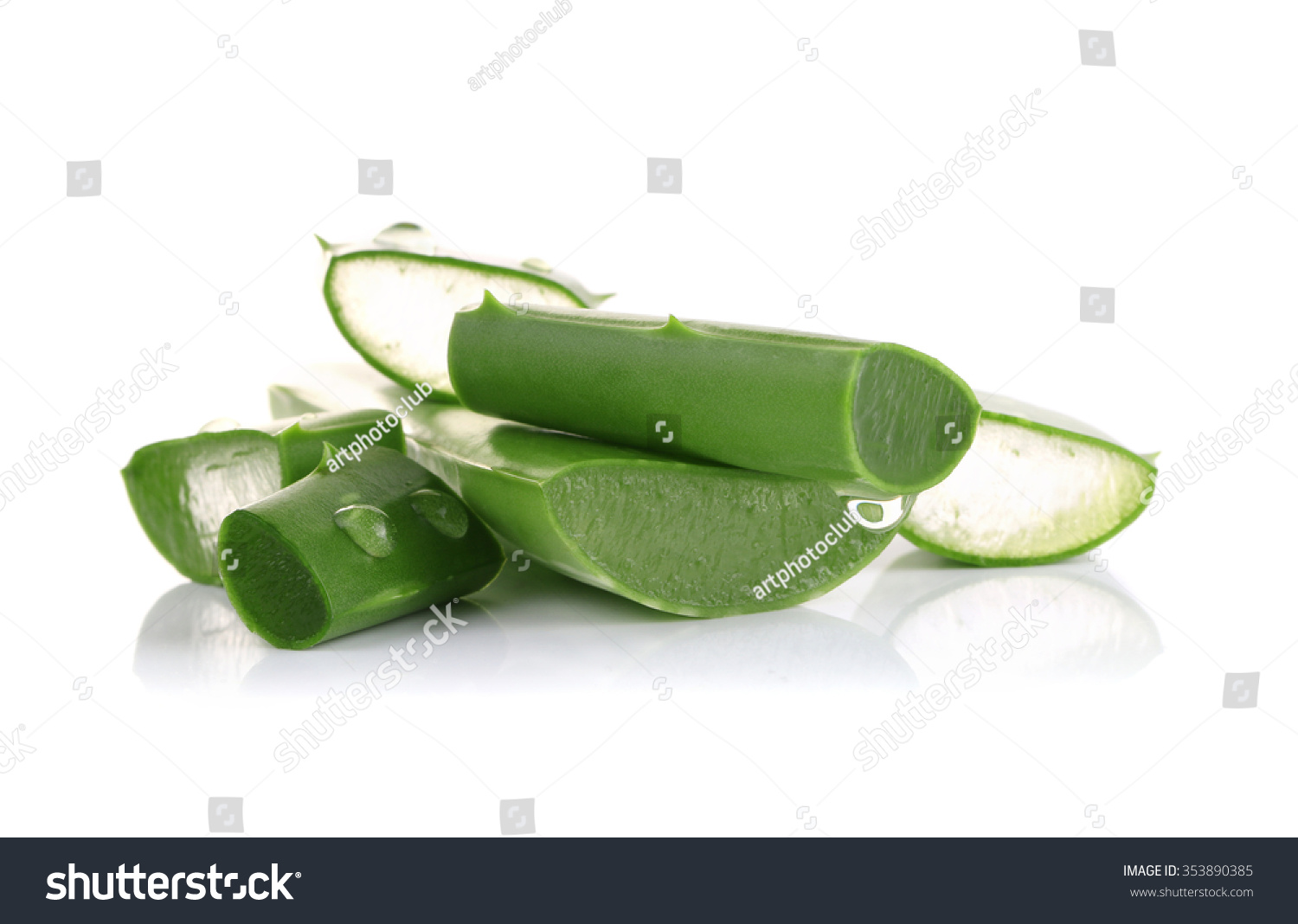 Fresh aloe vera leaves with water drops on white background #353890385