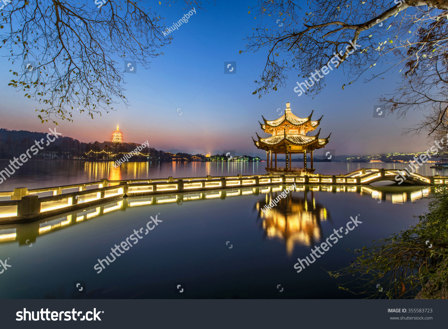 beautiful hangzhou in twilight and ancient pavilion #355583723
