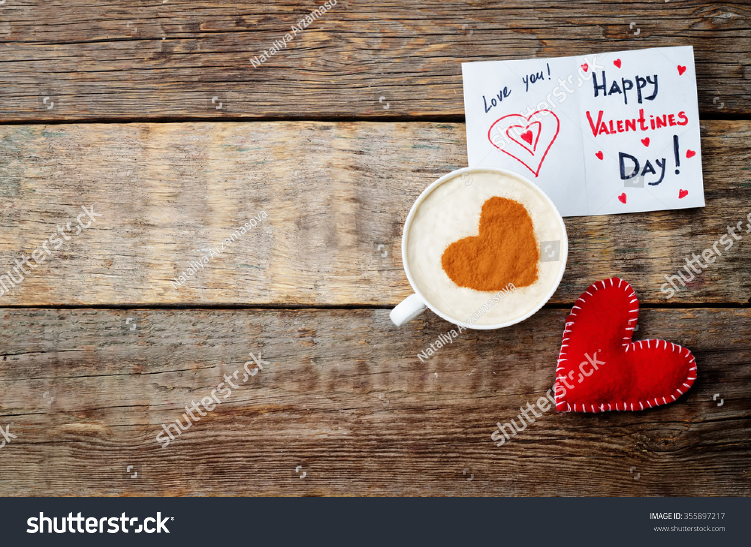 card for Valentines day, red toy heart and a cup of coffee on a dark wood background. toning. selective Focus #355897217