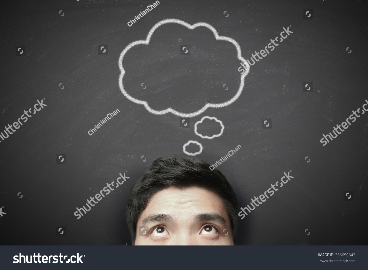 Thinking man with thinking bubble on blackboard background. #356650643