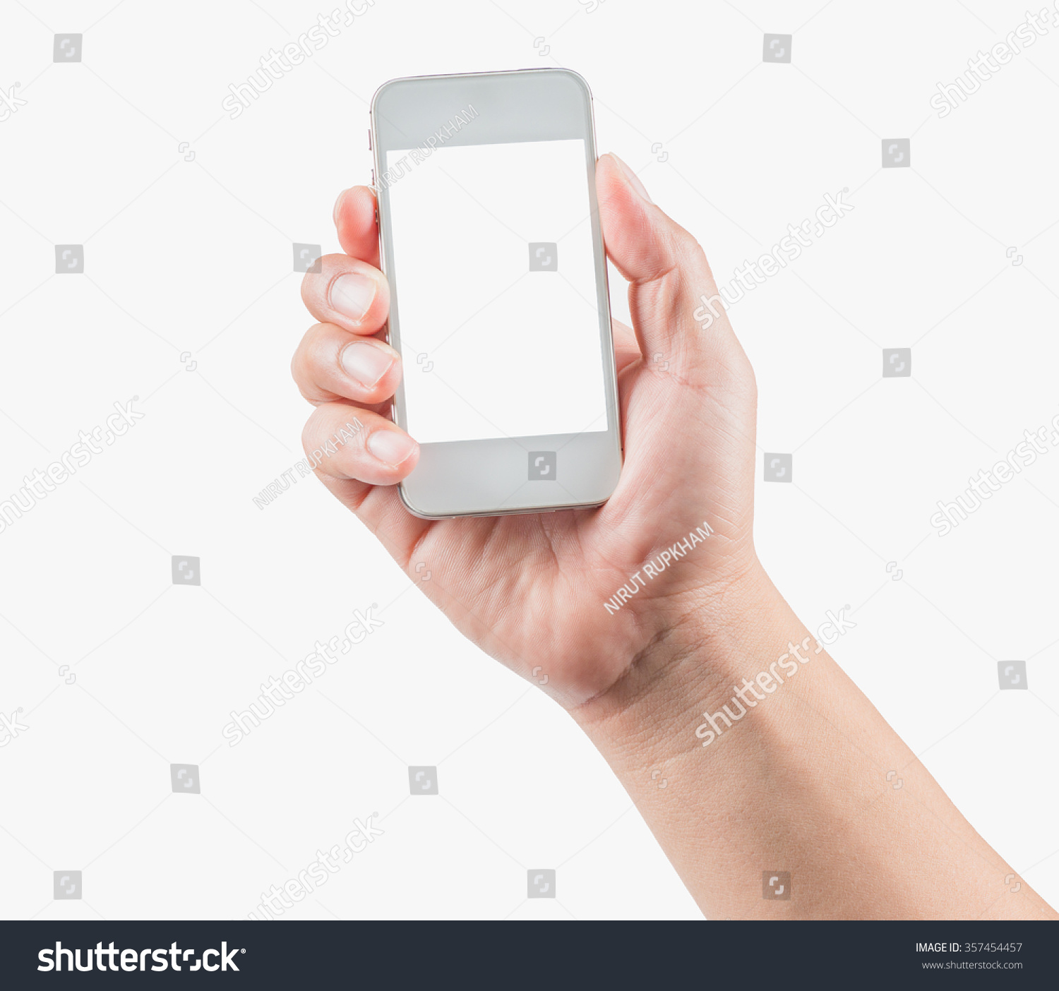 Hand holding smart phone on white background #357454457