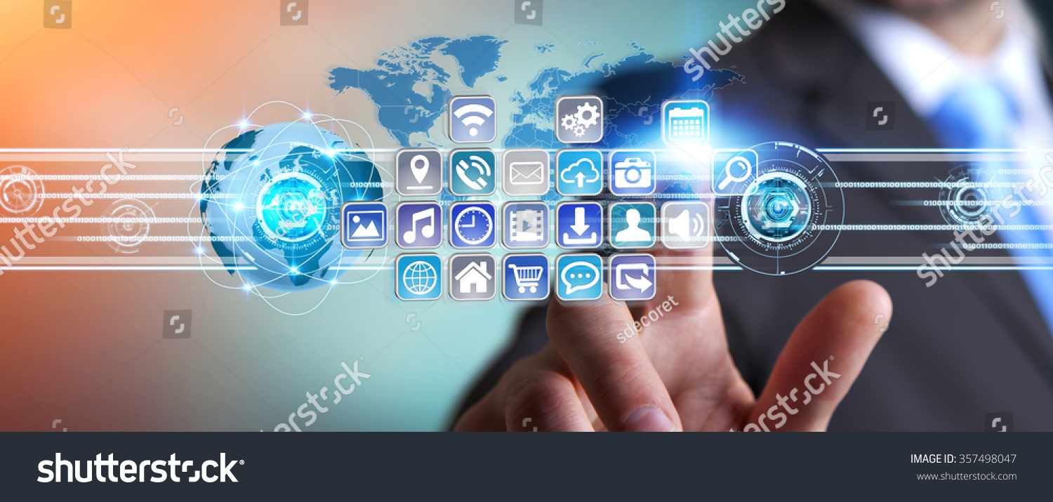 Young man holding application icons interface in his hand #357498047