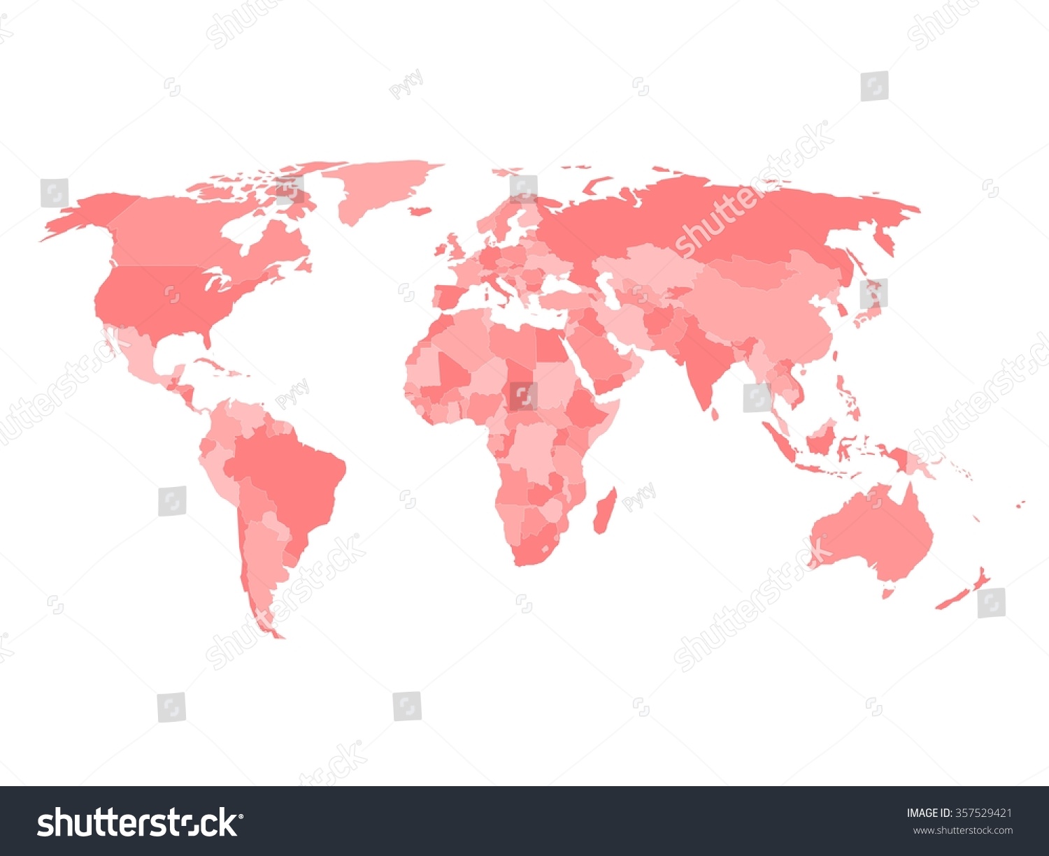 Blank political map of world in four shades of red and white background. Simplified vector map. #357529421