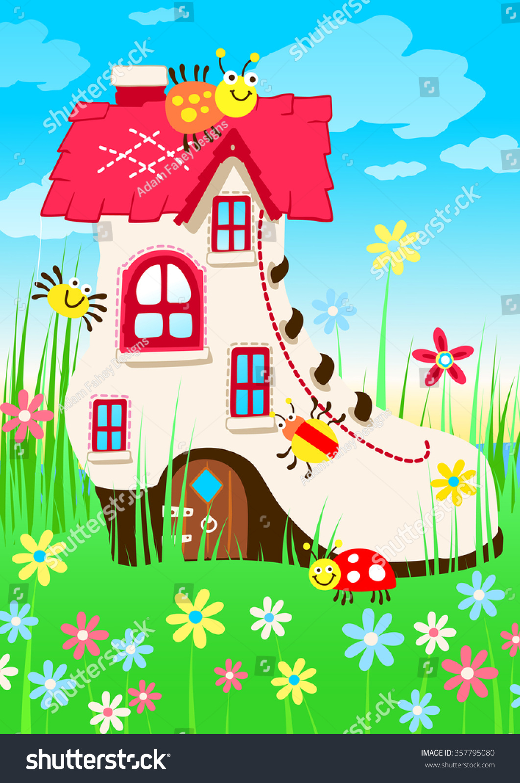 Shoe house with bugs and flowers . - Royalty Free Stock Photo 357795080 ...