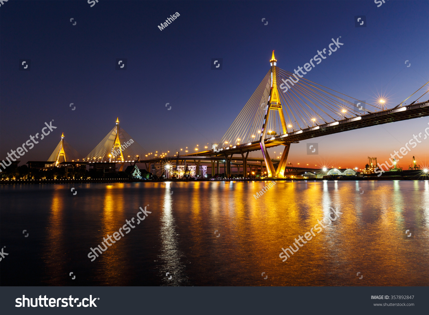 Bhumibol Bridge or Industrial Ring Road bridge at twilight #357892847