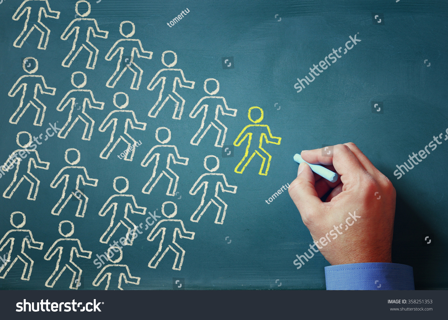 leadership concept male hand drawing group of people and leader #358251353