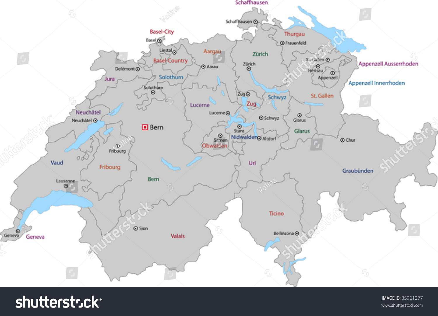 Gray Switzerland map with states and main cities - Royalty Free Stock ...