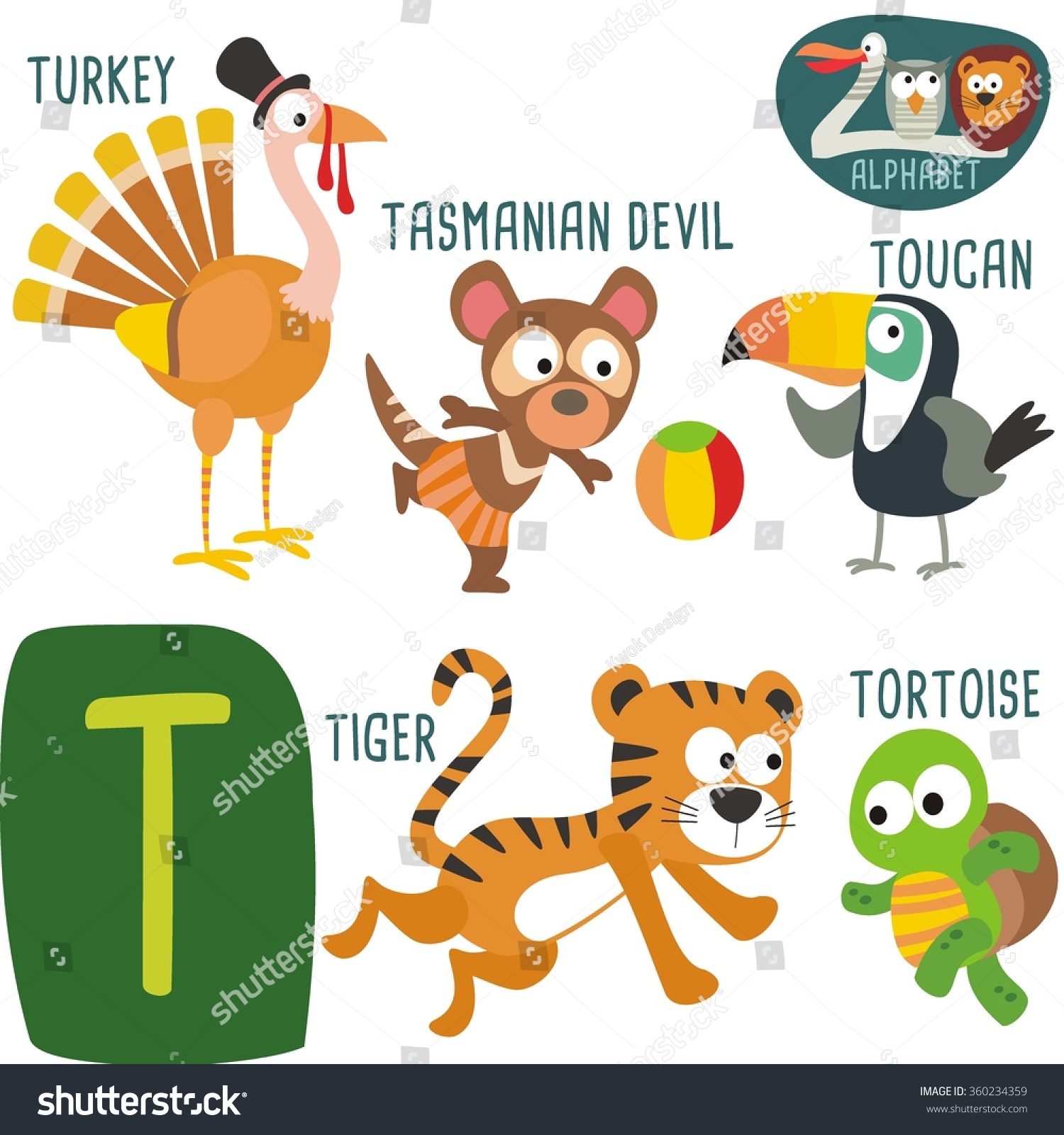 Cute Zoo Alphabet In Vector.t Letter. Funny - Royalty Free Stock Vector 