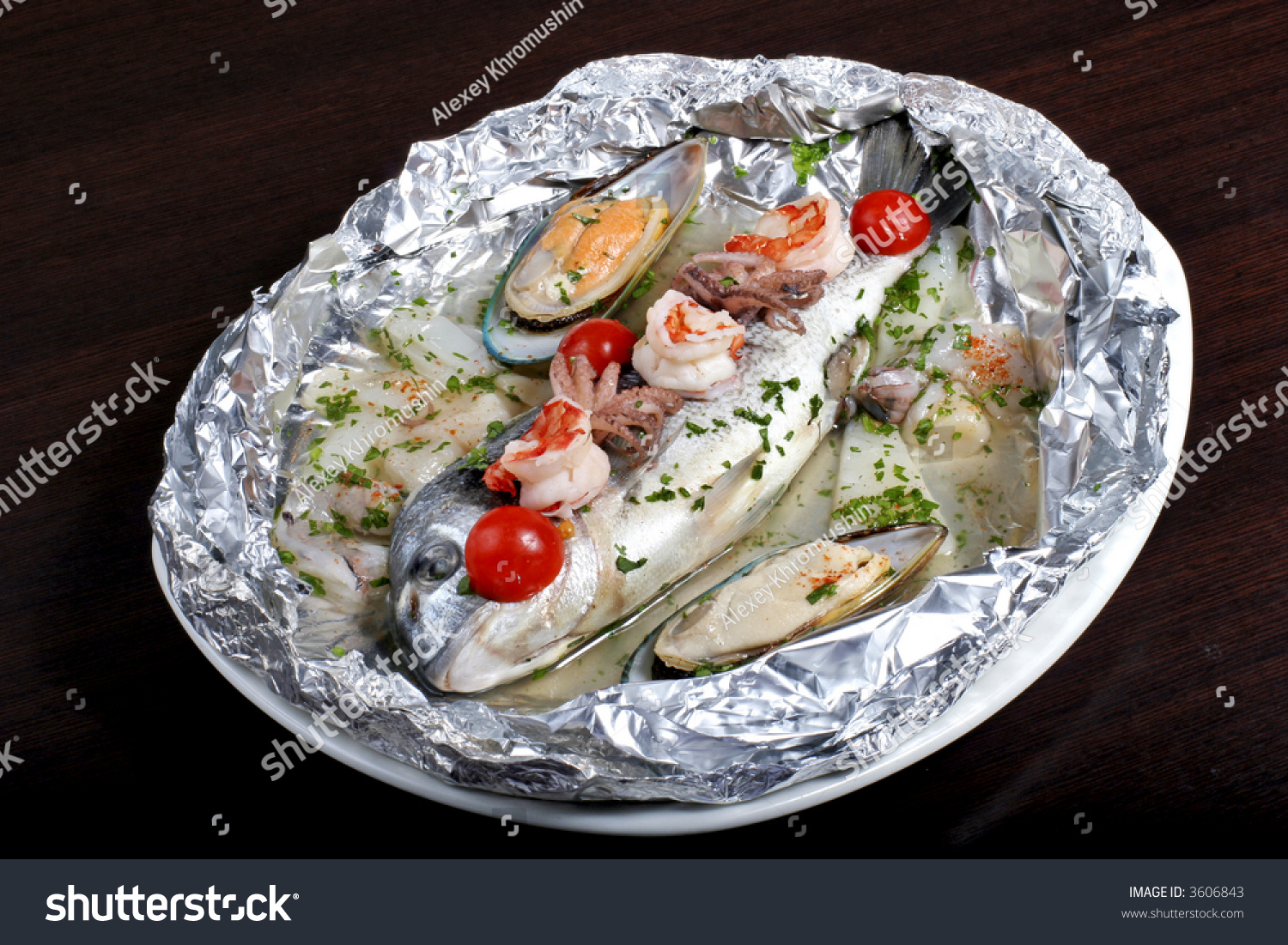 italian dish: dorado fish with seafood #3606843