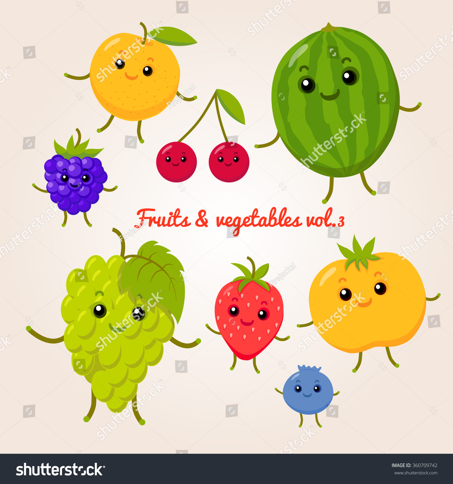 vector set of flat cartoon happy fruits #360709742