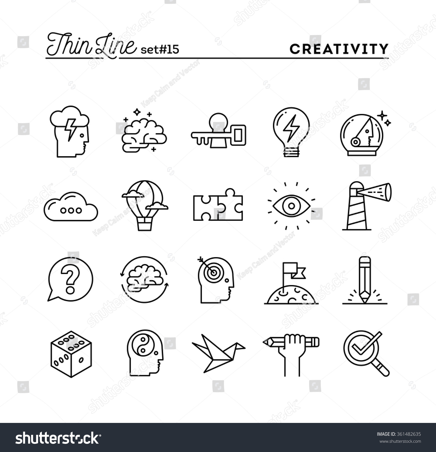 Creativity, imagination, problem solving, mind power and more, thin line icons set, vector illustration #361482635