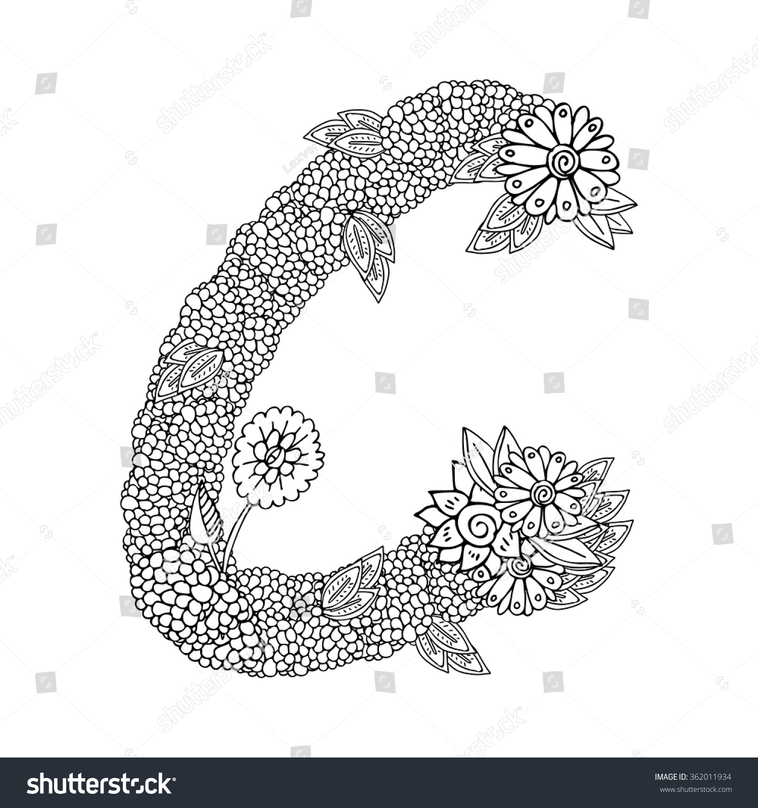 Shaped Pattern Of Capital Letter C Decorated With Floral Ornament Coloring Book Page For Adult