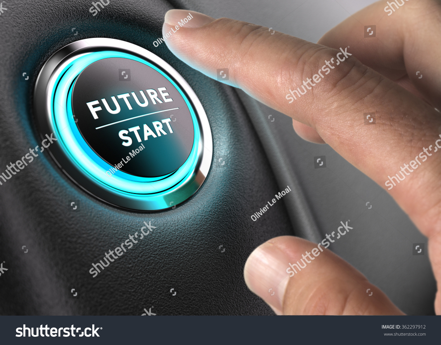 Finger about to press future button with blue light over black and grey background. Concept image for illustration of change or strategic vision. #362297912