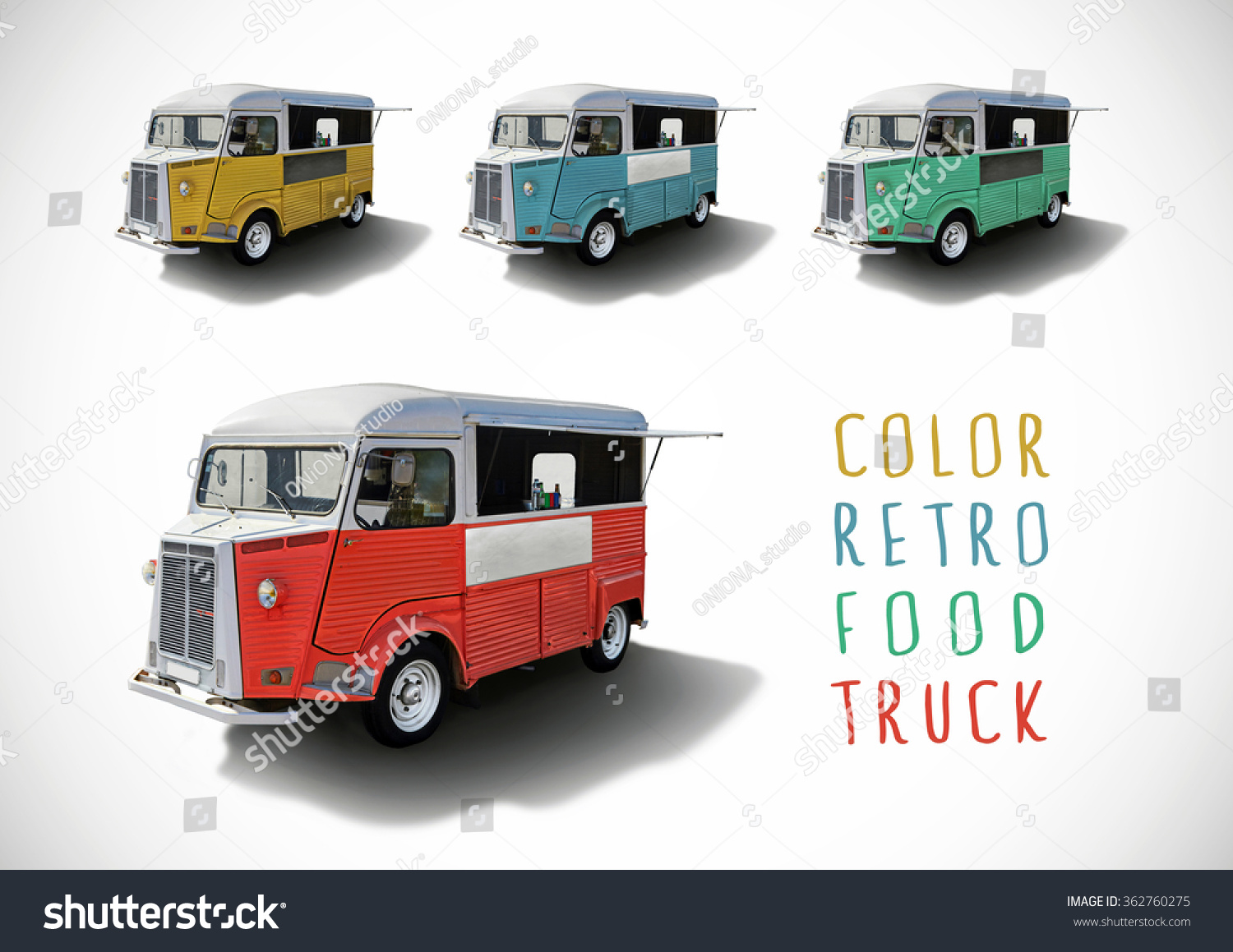 Set of color retro food trucks isolated with cutting path #362760275