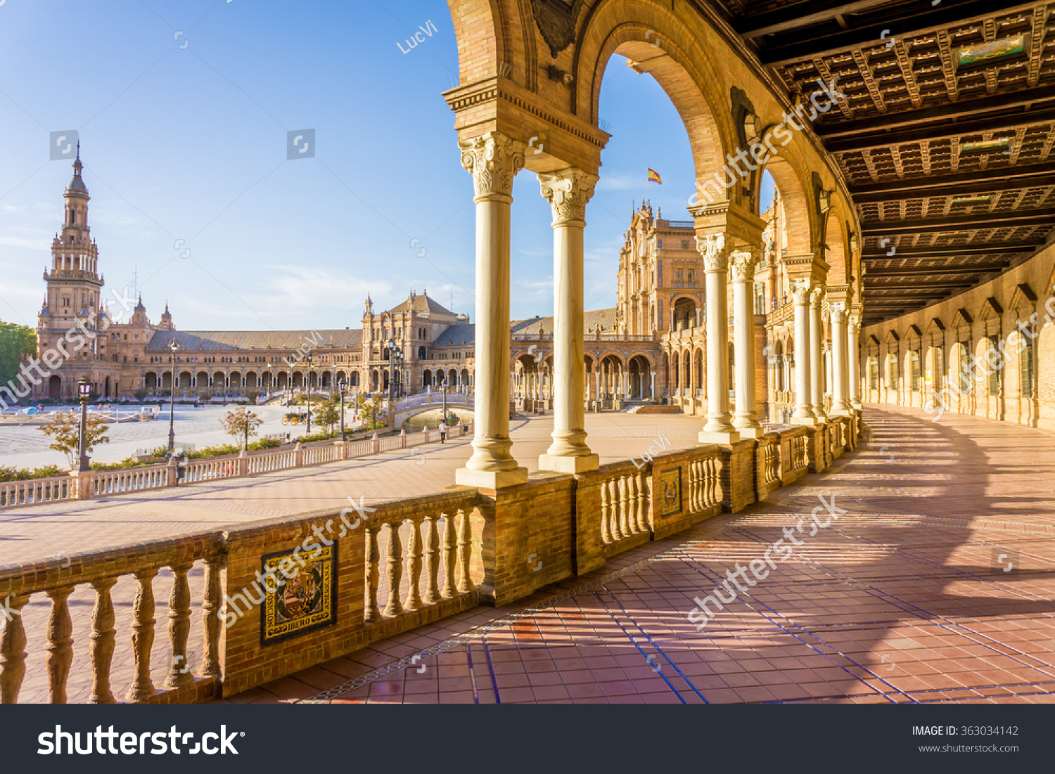 Spain Square (Plaza de Espana), Seville, Spain, built on 1928, it is one example of the Regionalism Architecture mixing Renaissance and Moorish styles. #363034142