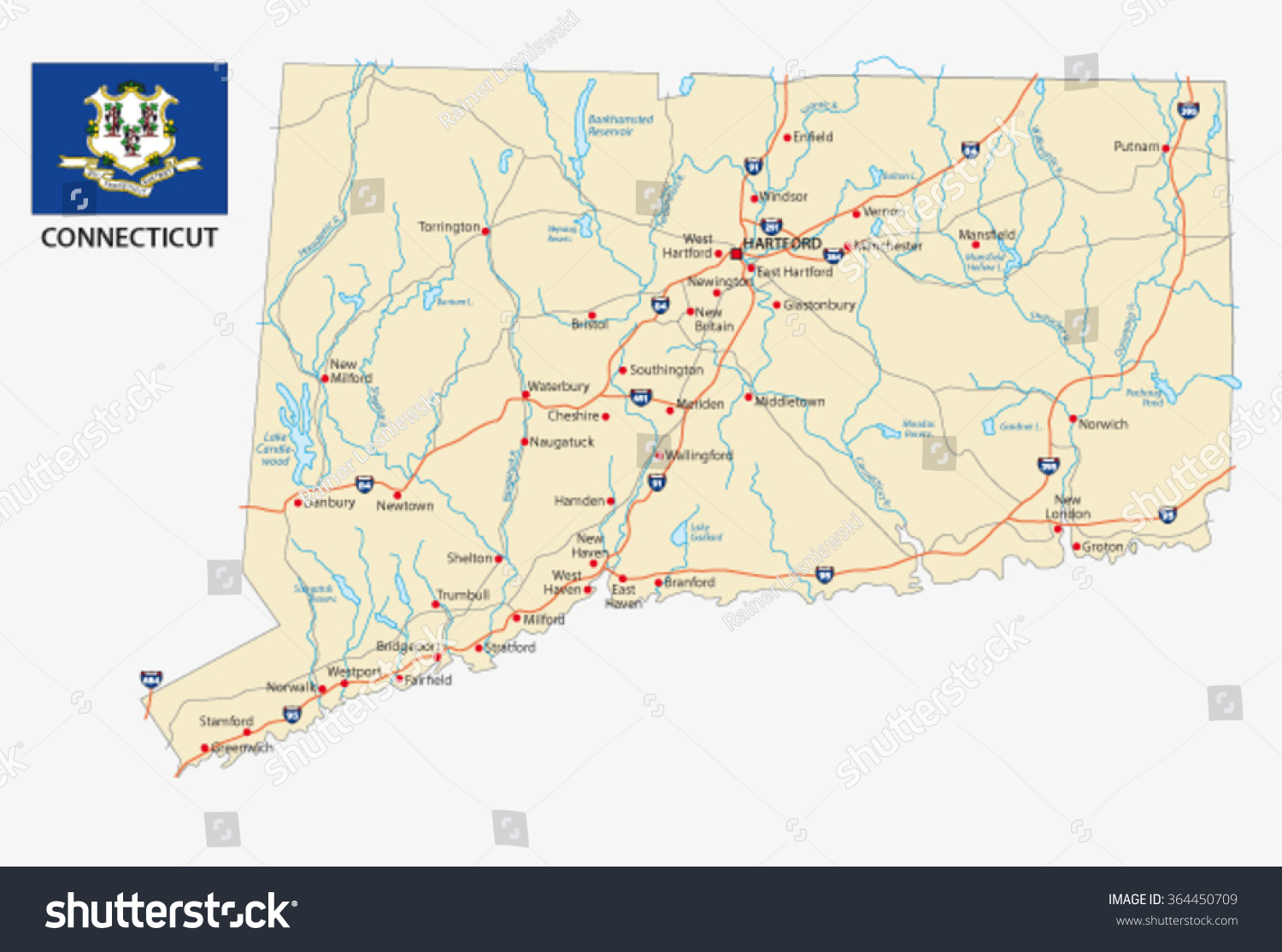 connecticut road map with flag - Royalty Free Stock Vector 364450709 ...