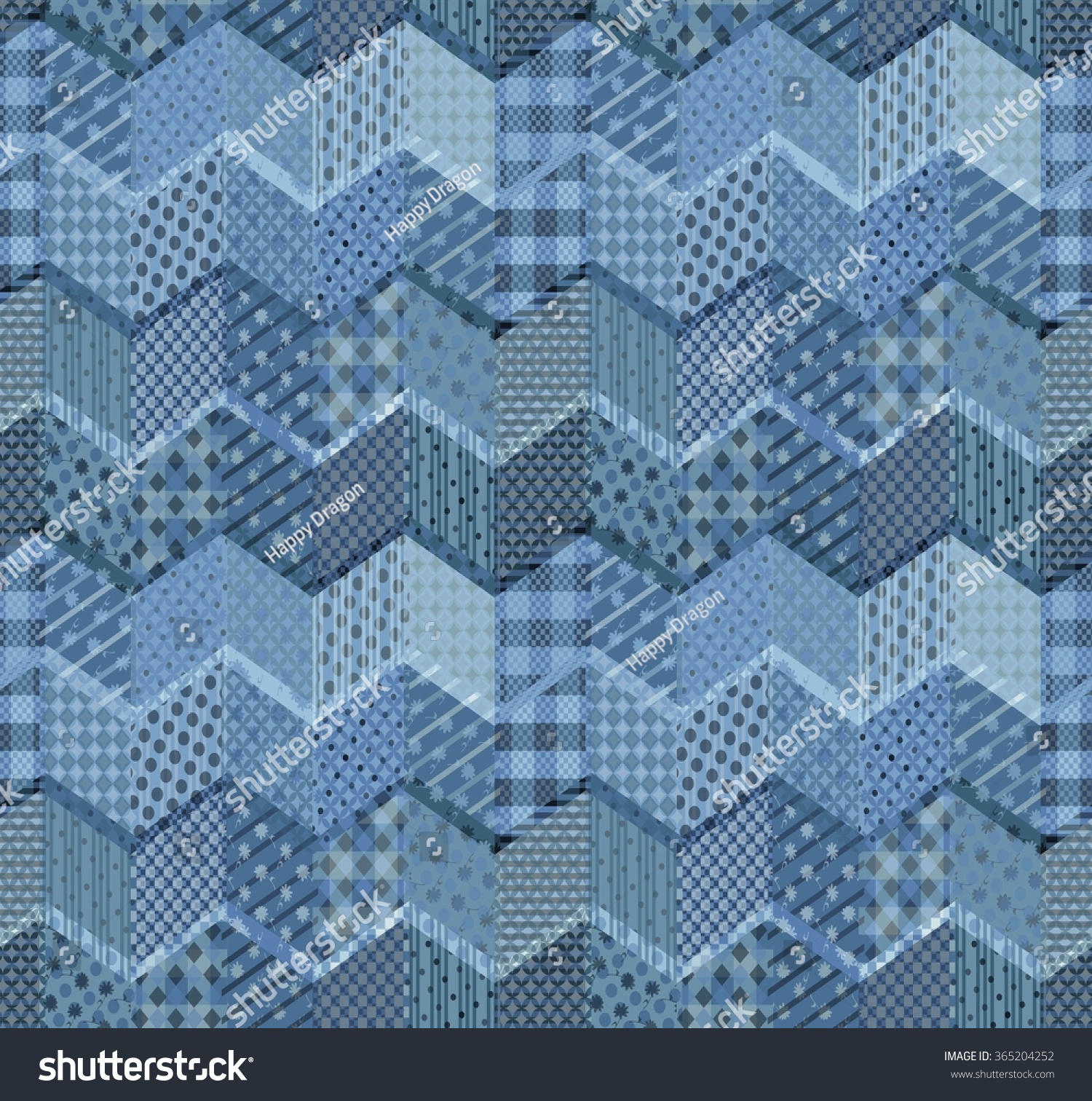 Seamless patchwork pattern with zigzags. Beautiful illustration in blue tones.  #365204252