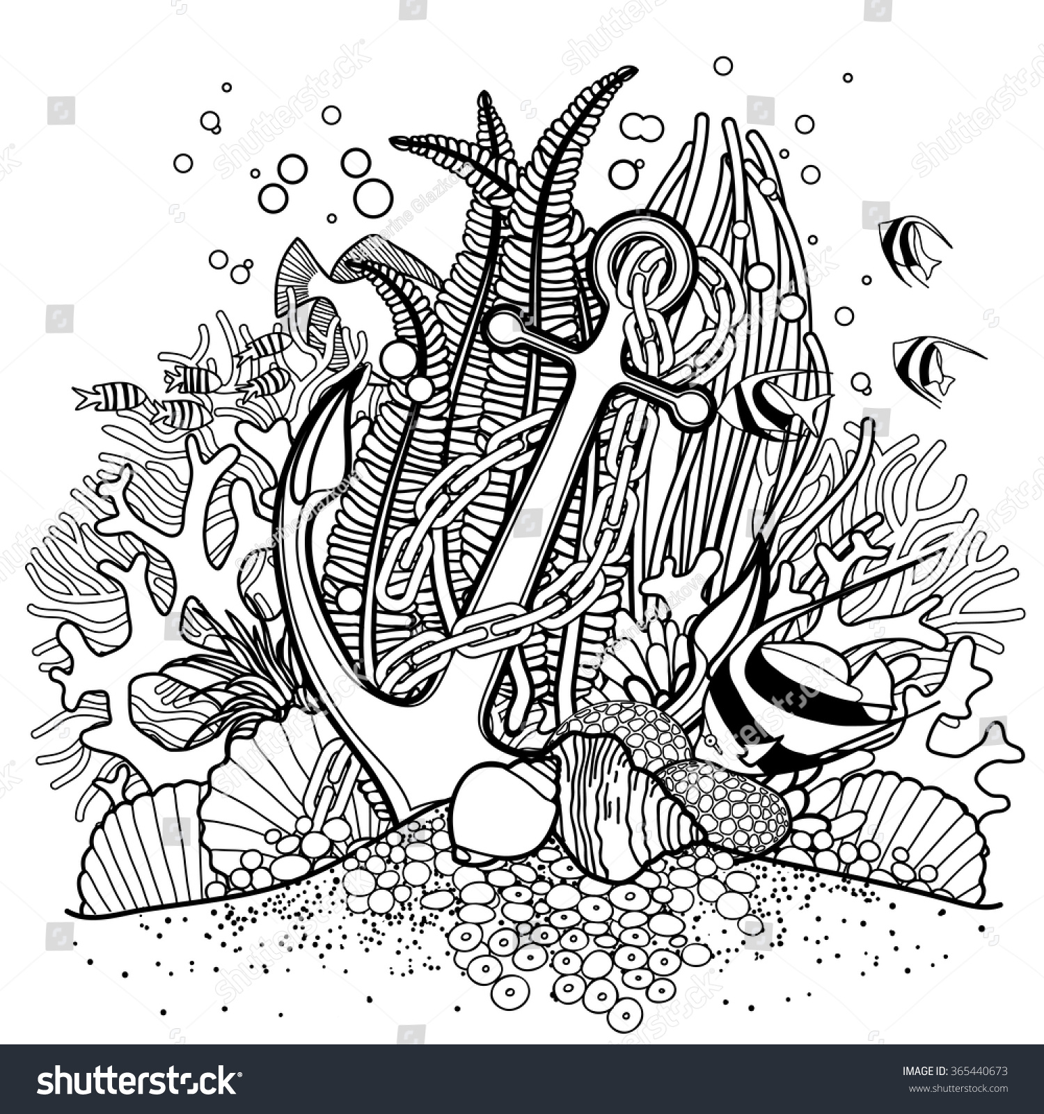 Anchor and coral reef drawn in line art style Ocean fish and plants isolated on white background Coloring book page design for adults and kids Stock