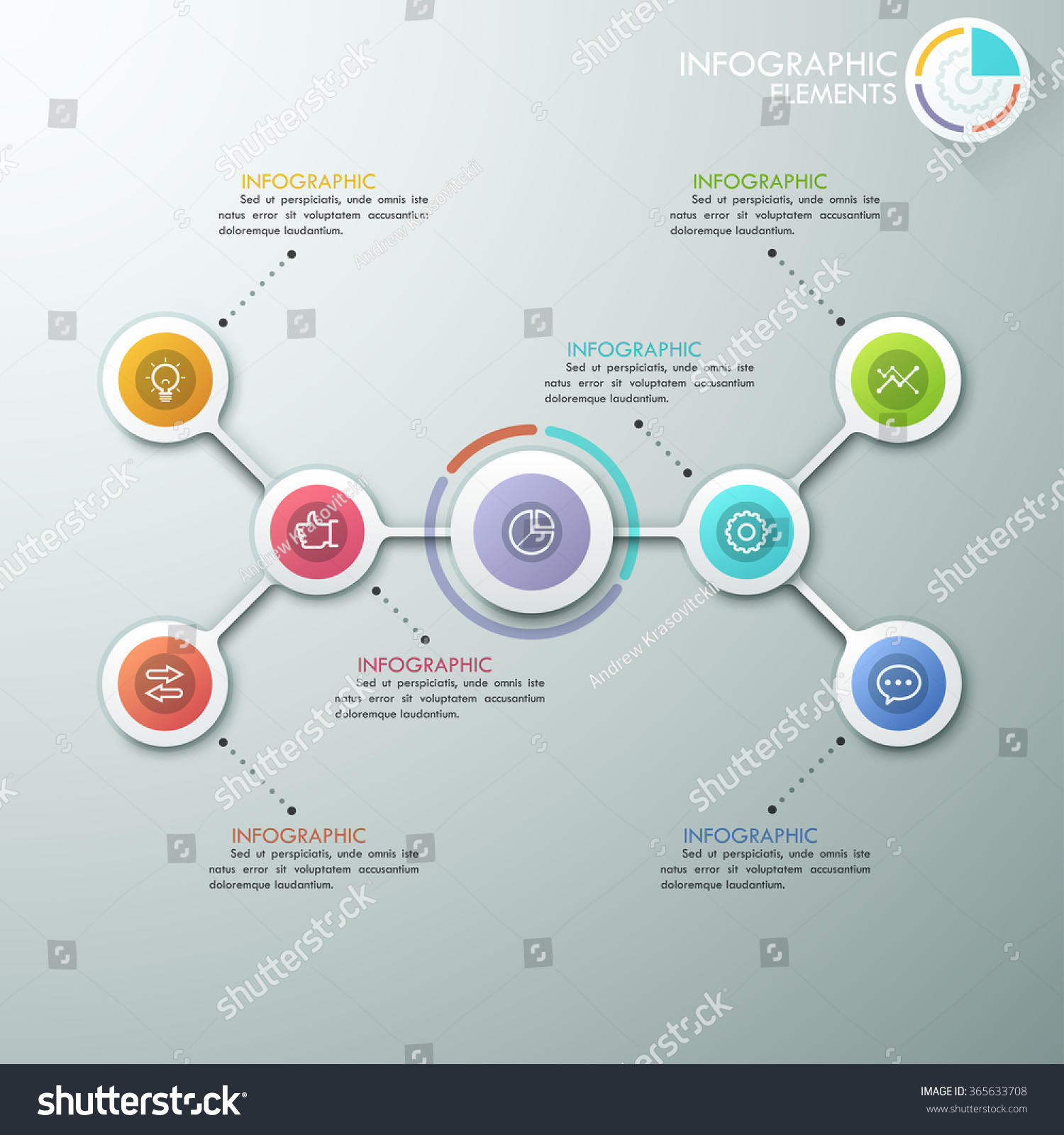 Modern flowchart or mindmap infographics template with paper circles, icons and pie chart. Vector. Can be used for web design, presentations, brochures and workflow layout #365633708
