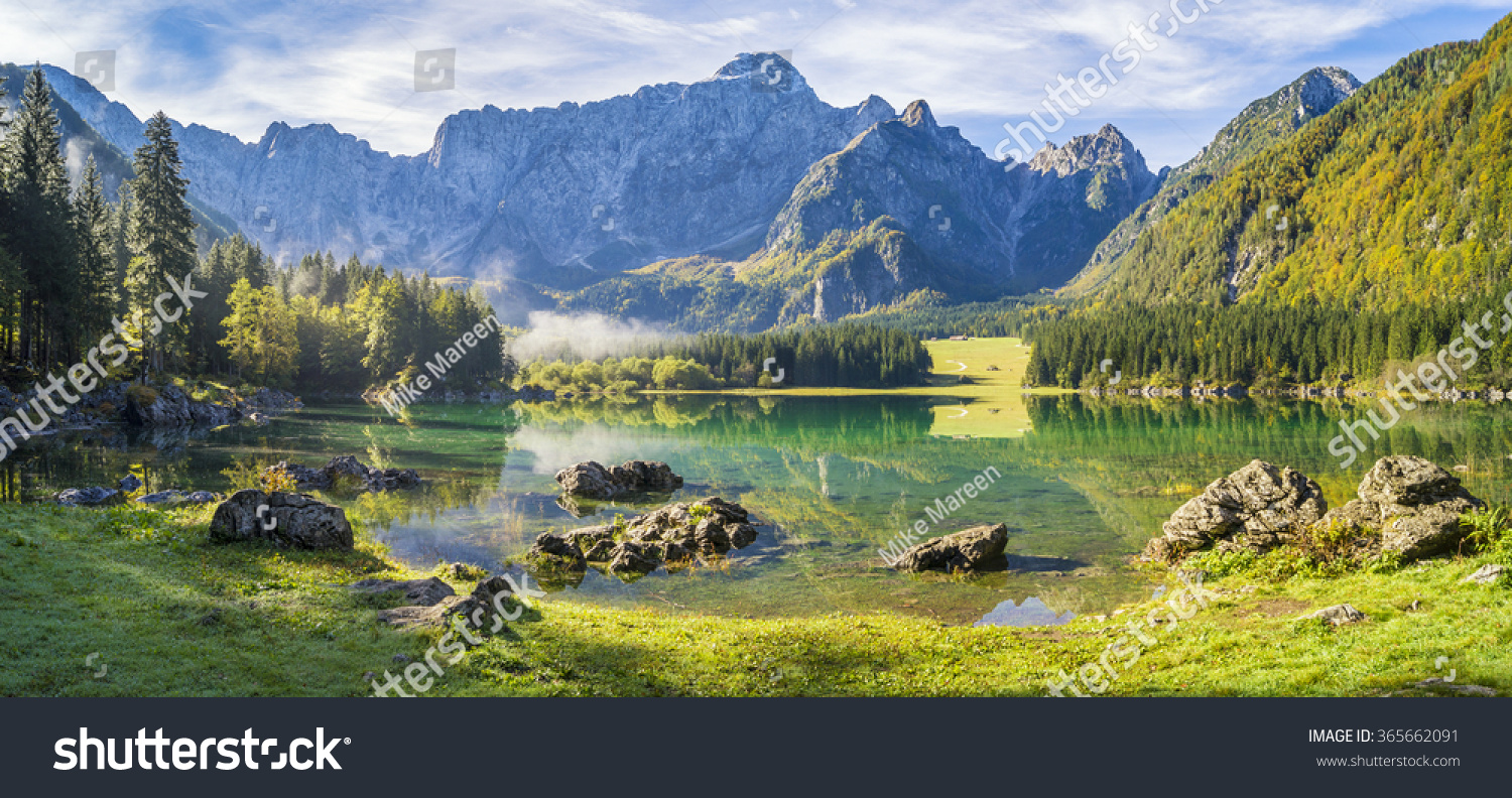 panorama of mountain lake in the Julian Alps,Laghi di Fusine #365662091