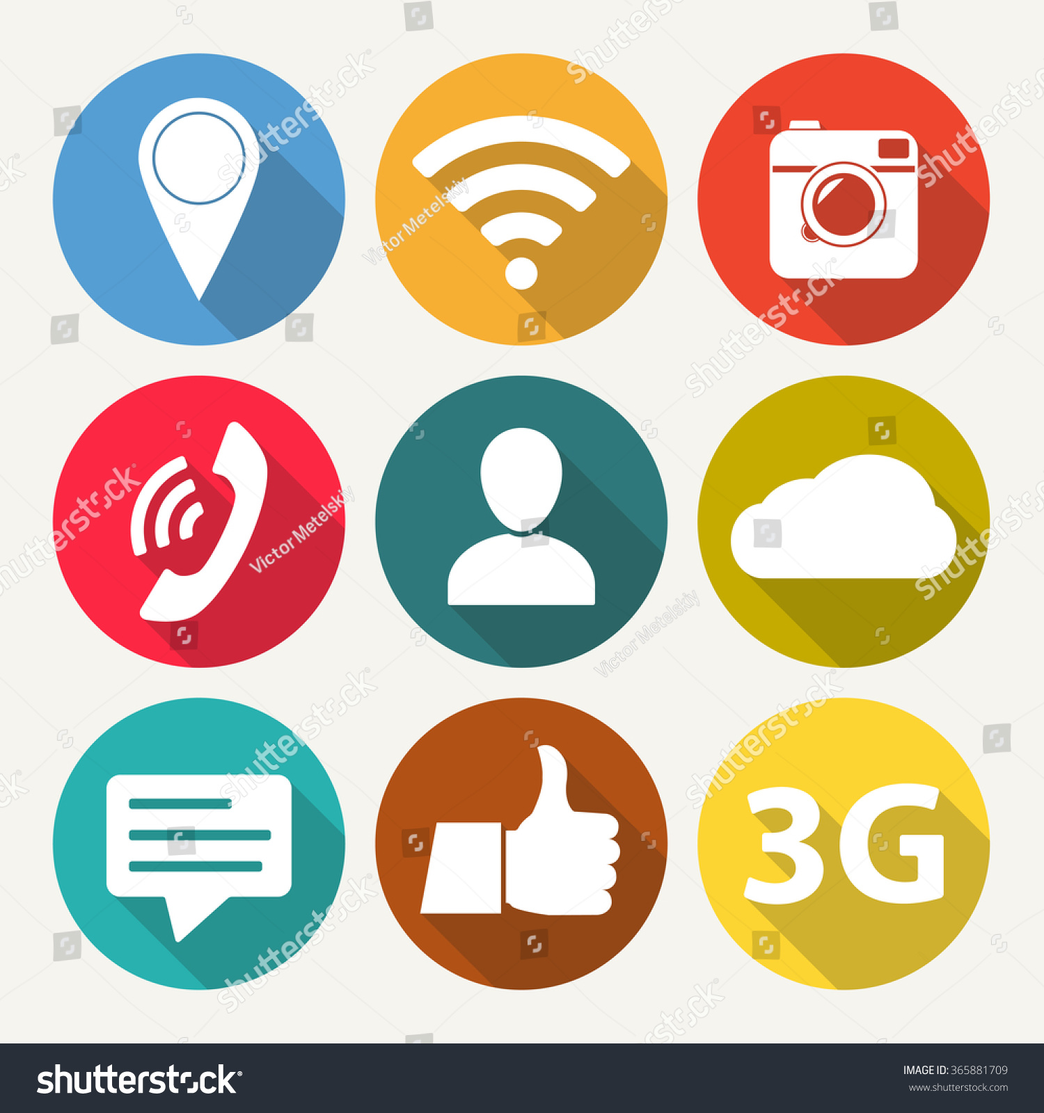 Social network icon set. Media network symbols in flat design with long shadow. #365881709