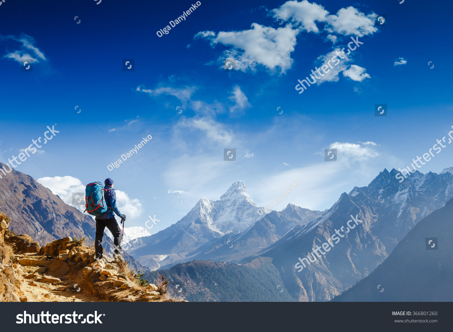 Happy hiker winning reaching life goal, success, freedom and happiness, achievement in mountains. Himalayas. Nepal #366801260