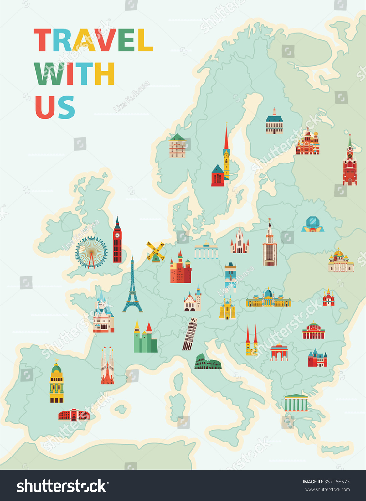 Europe map with famous monuments. Travel and - Royalty Free Stock ...