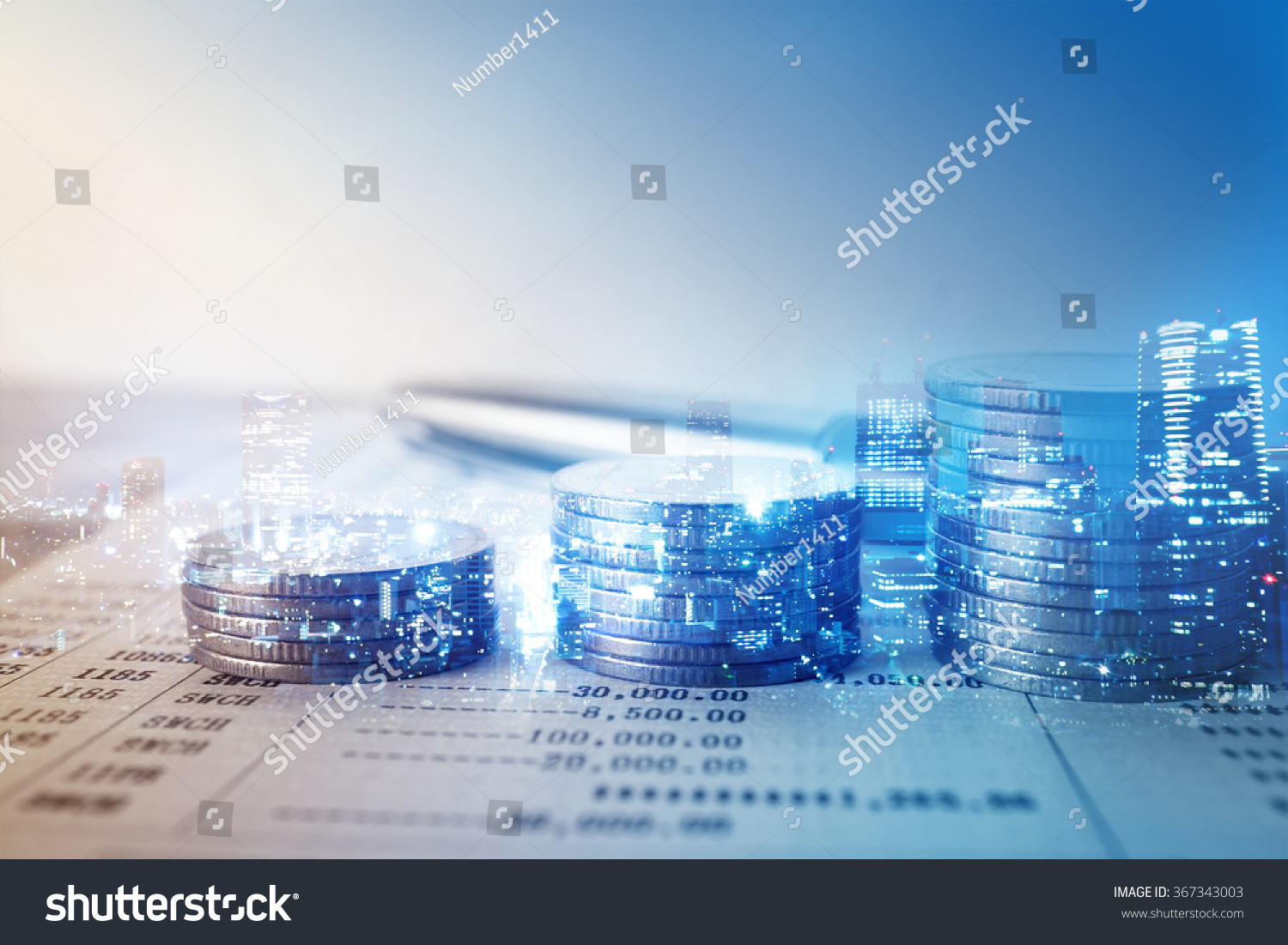 Double exposure of city and rows of coins for finance and banking concept #367343003