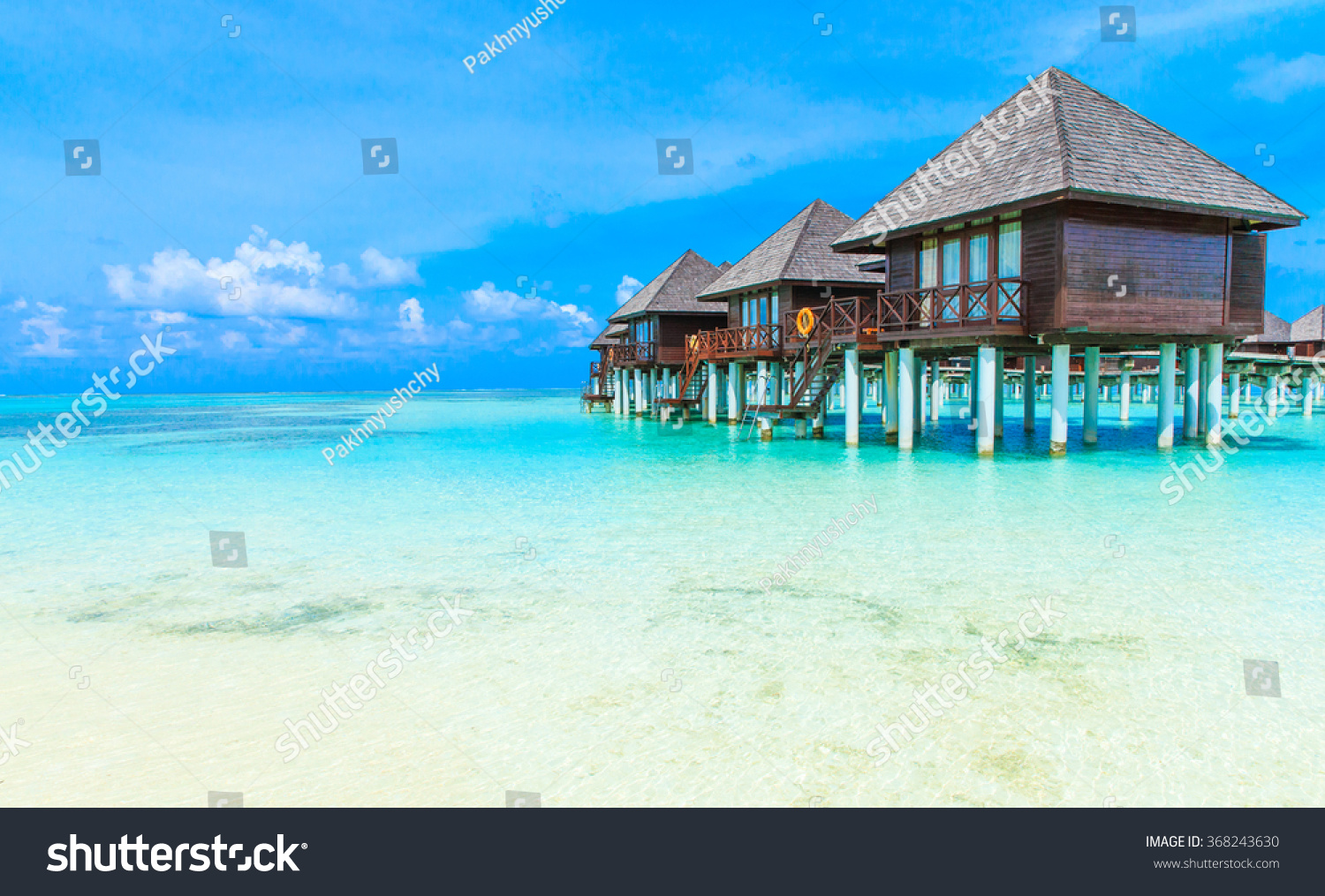 tropical beach in Maldives with few palm trees and blue lagoon #368243630