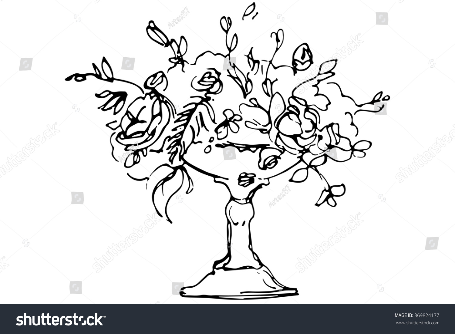 black and white  sketch of a bouquet of roses in a crystal vase #369824177