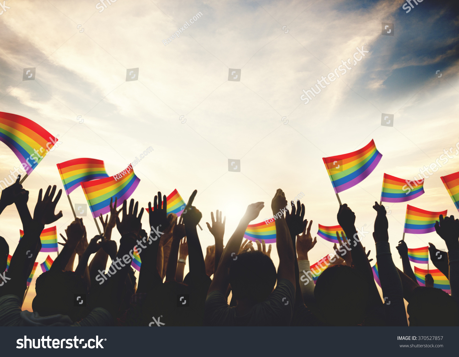 Gay Rainbow Flag Crowd Celebration Arms Raised Concept #370527857