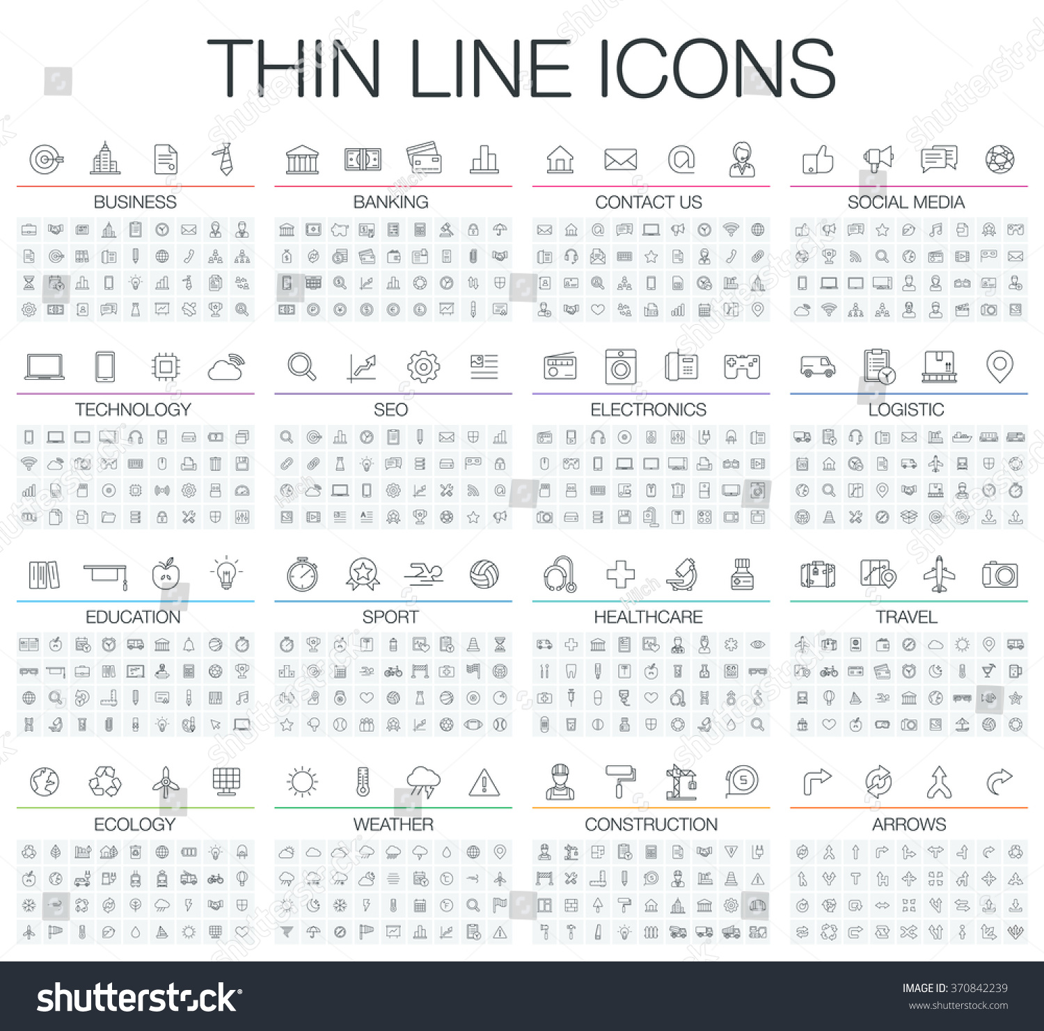 Vector illustration of thin line icons for business, banking, contact, social media, technology, seo, logistic, education, sport, medicine, travel, weather, construction, arrow. Linear symbols set. #370842239