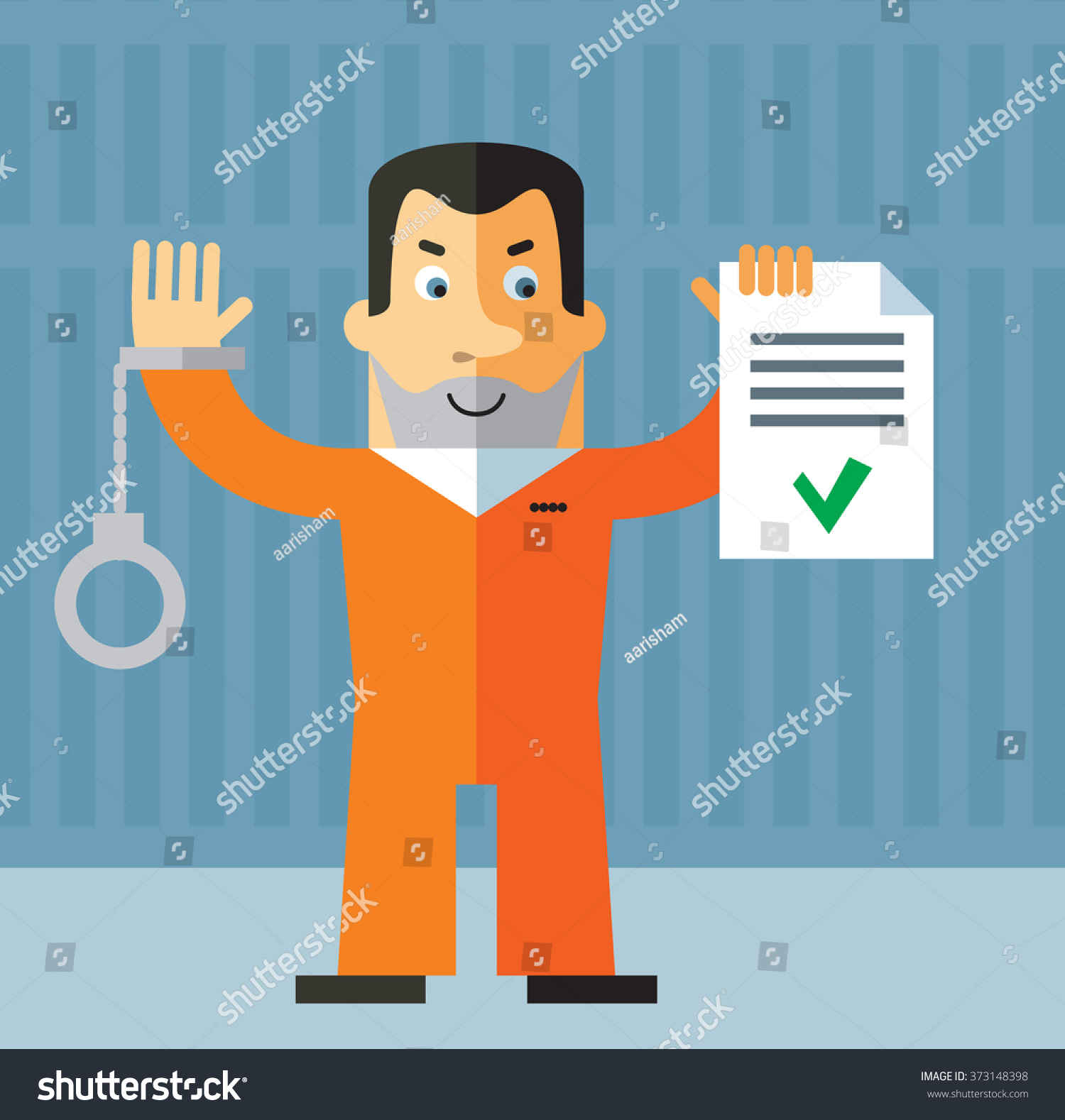 Prisoner  holding check list. Flat style vector illustration on gray background. American prisoner in orange uniform #373148398