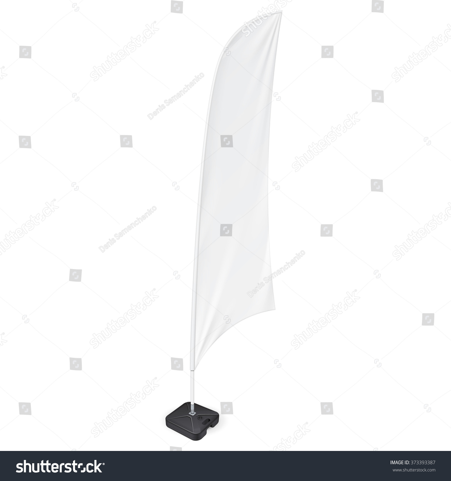 White Outdoor Feather Flag With Ground Fillable Water Base, Stander Advertising Banner Shield. Mock Up Products On White Background Isolated. Ready For Your Design. Product Packing. Vector EPS10 #373393387