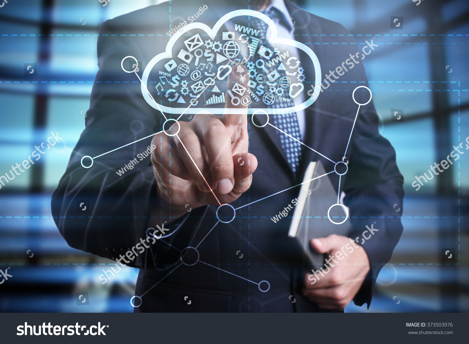 businessman using modern computer, pressing button on virtual screen. cloud technology and networking concept.  #373503976