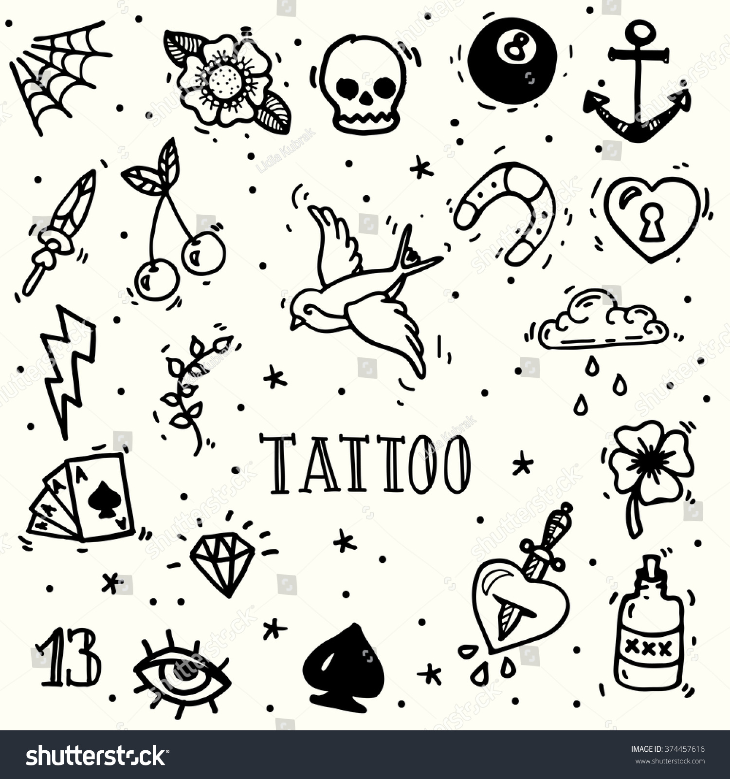 Set of old school tattoos. Hand drawn vector background. #374457616