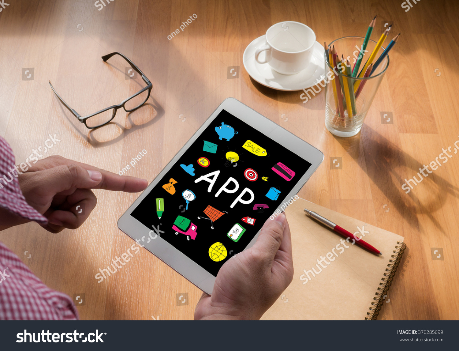 Apps concept, touch digital tablet, coffee #376285699