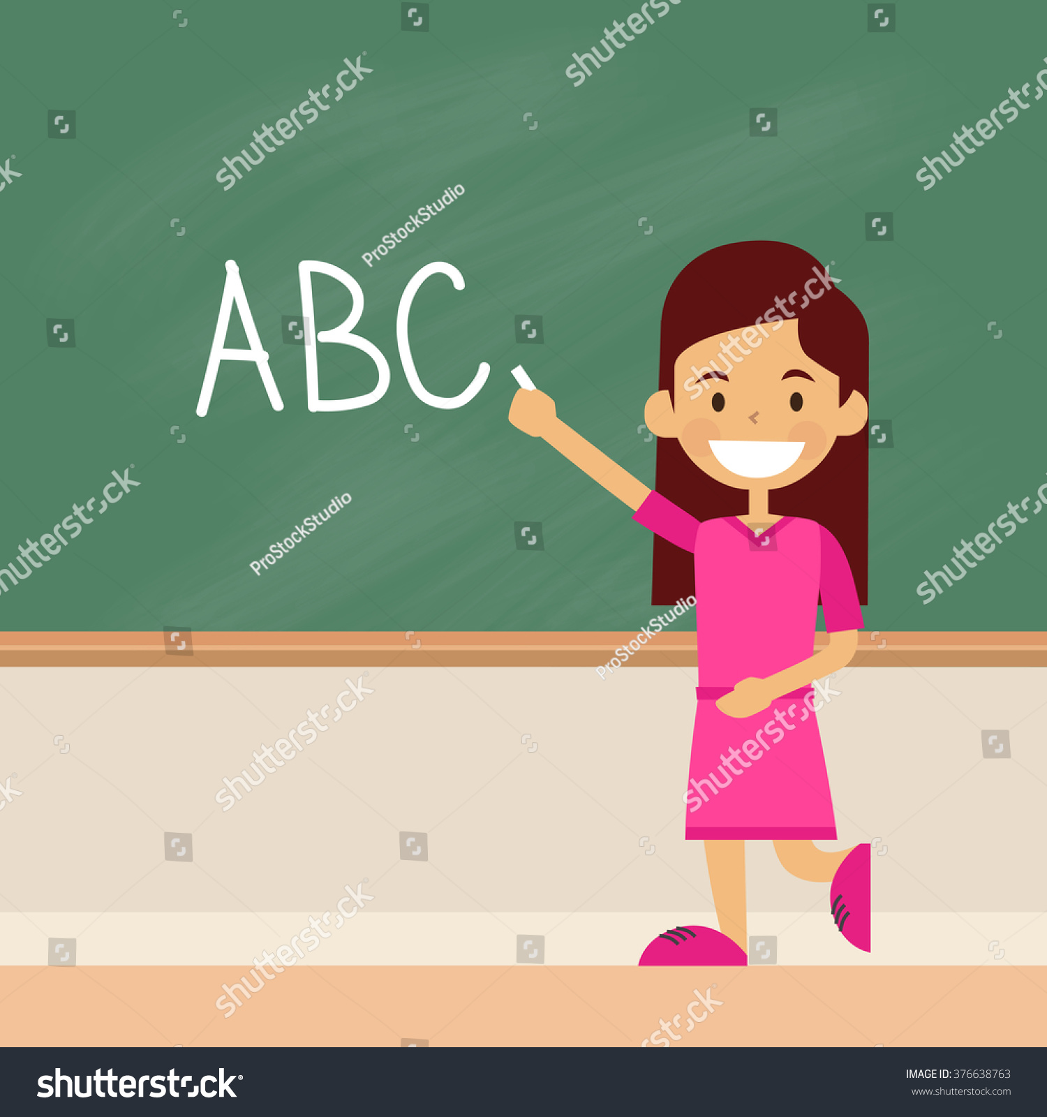 School Girl Write On Green Board Letters - Royalty Free Stock Vector ...