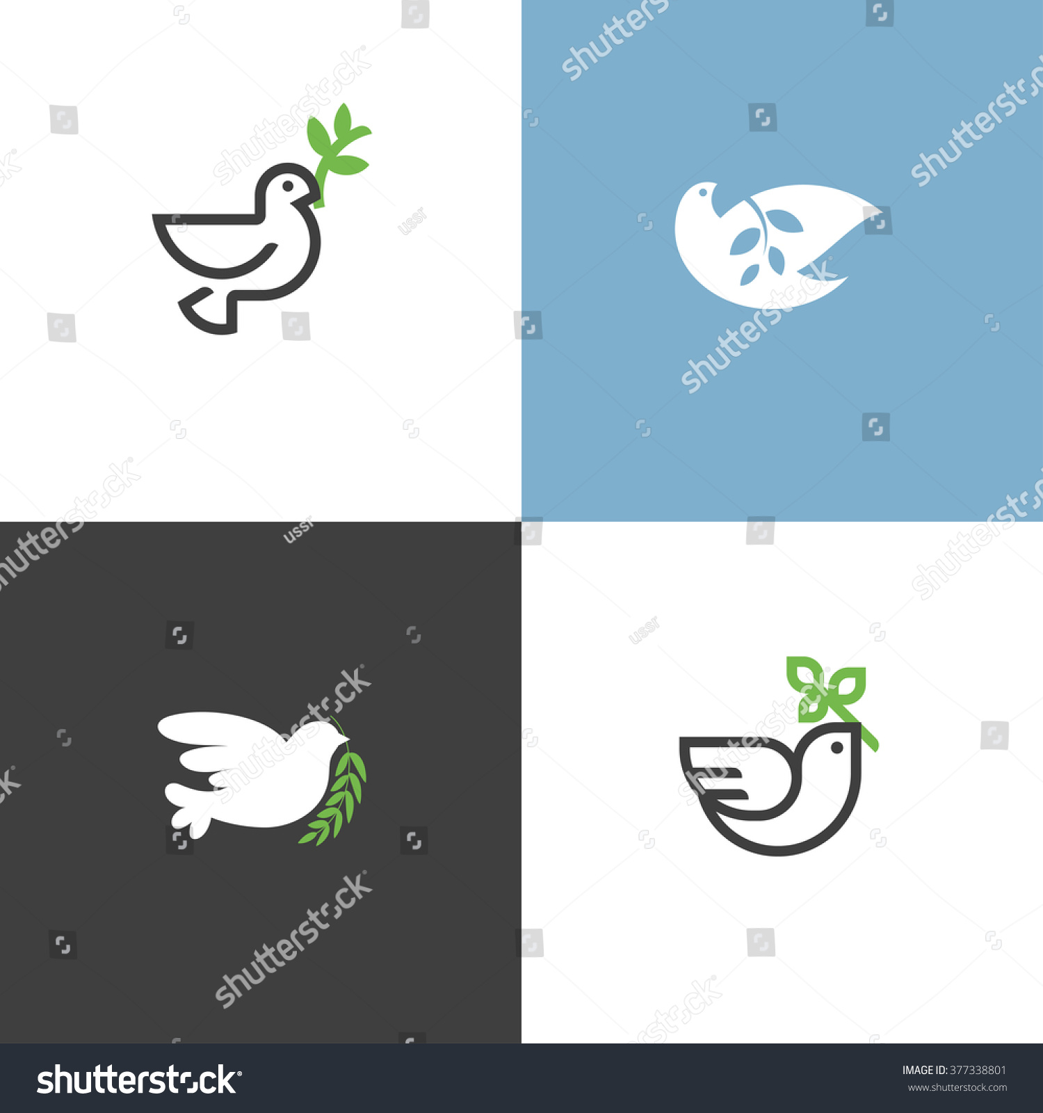 Peace dove with green branch. Flat line design style vector illustrations set of icons and logos #377338801