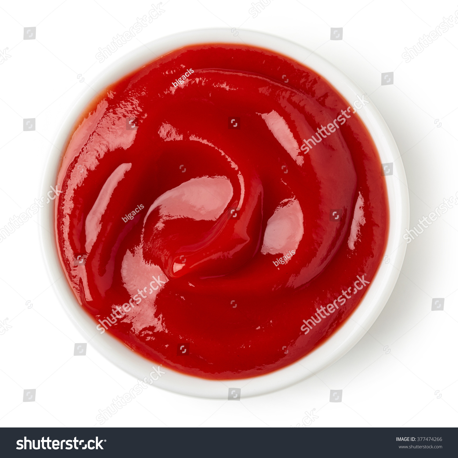Bowl of ketchup or tomato sauce isolated  on white background, top view #377474266