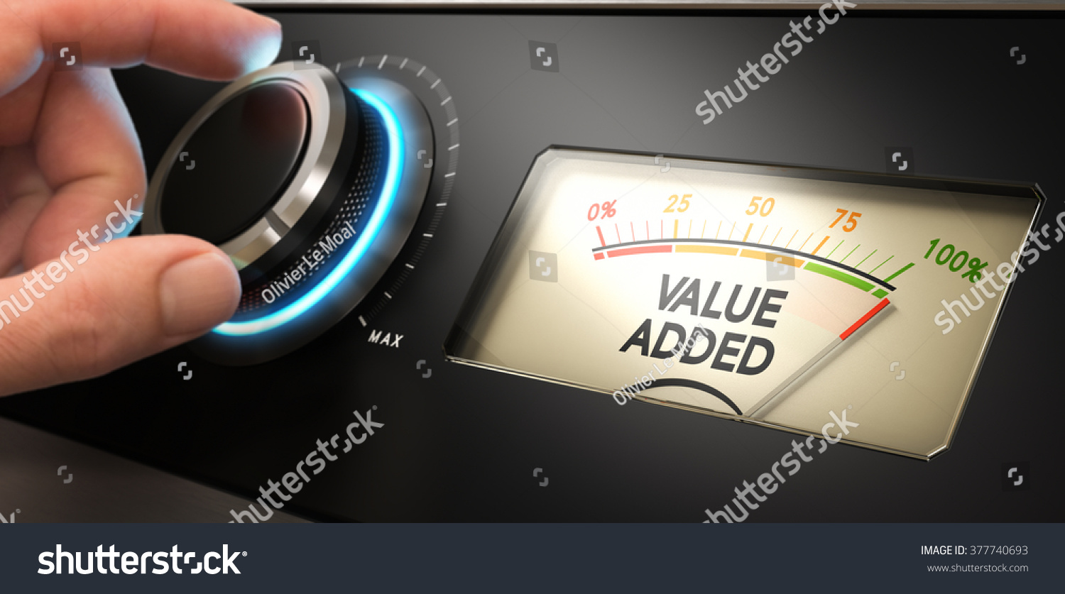 Hand turning a knob up to the maximum with a dial where it is written the text value added. Concept image for illustration of competitive advantage. #377740693