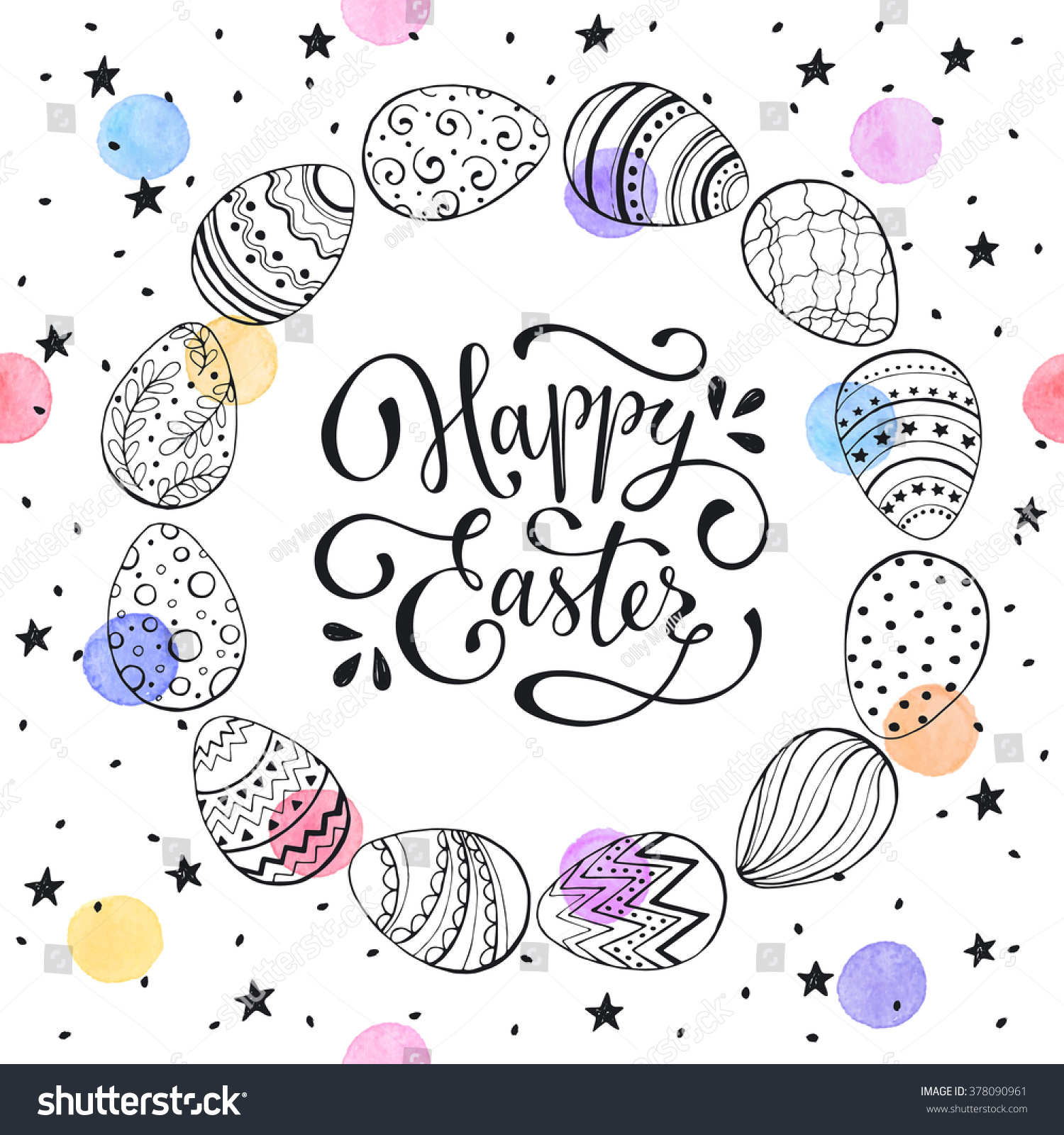 Easter wreath with easter eggs hand drawn black on white background. Decorative frame from eggs. Easter eggs with ornaments in circle shape with watercolor dots and black stars. #378090961